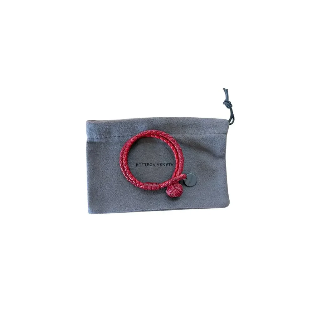 Authentic Bottega Veneta Mens Intrecciato Double Bracelet Red Lambskin Gunmetal